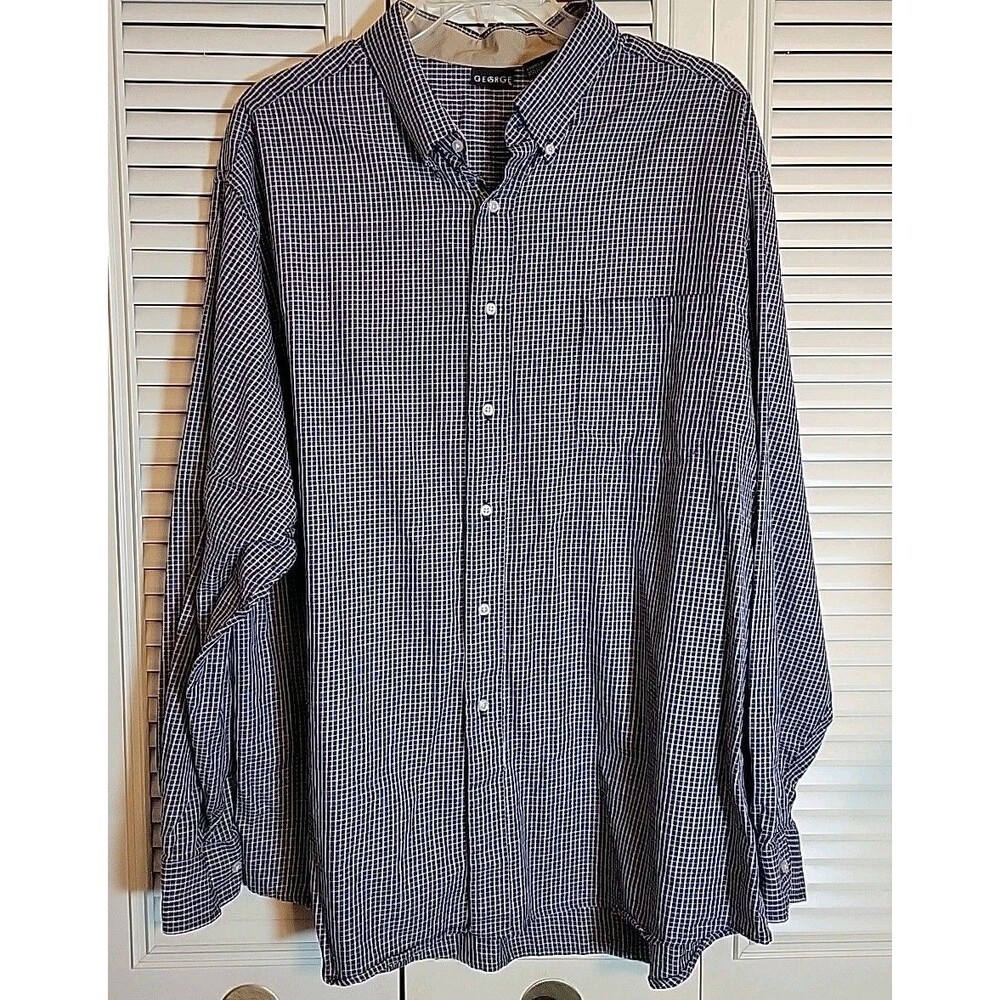 George 3XL 54/56 Mens Long Sleeve Navy/Tan/White Plaid Button Down Shirt EUC